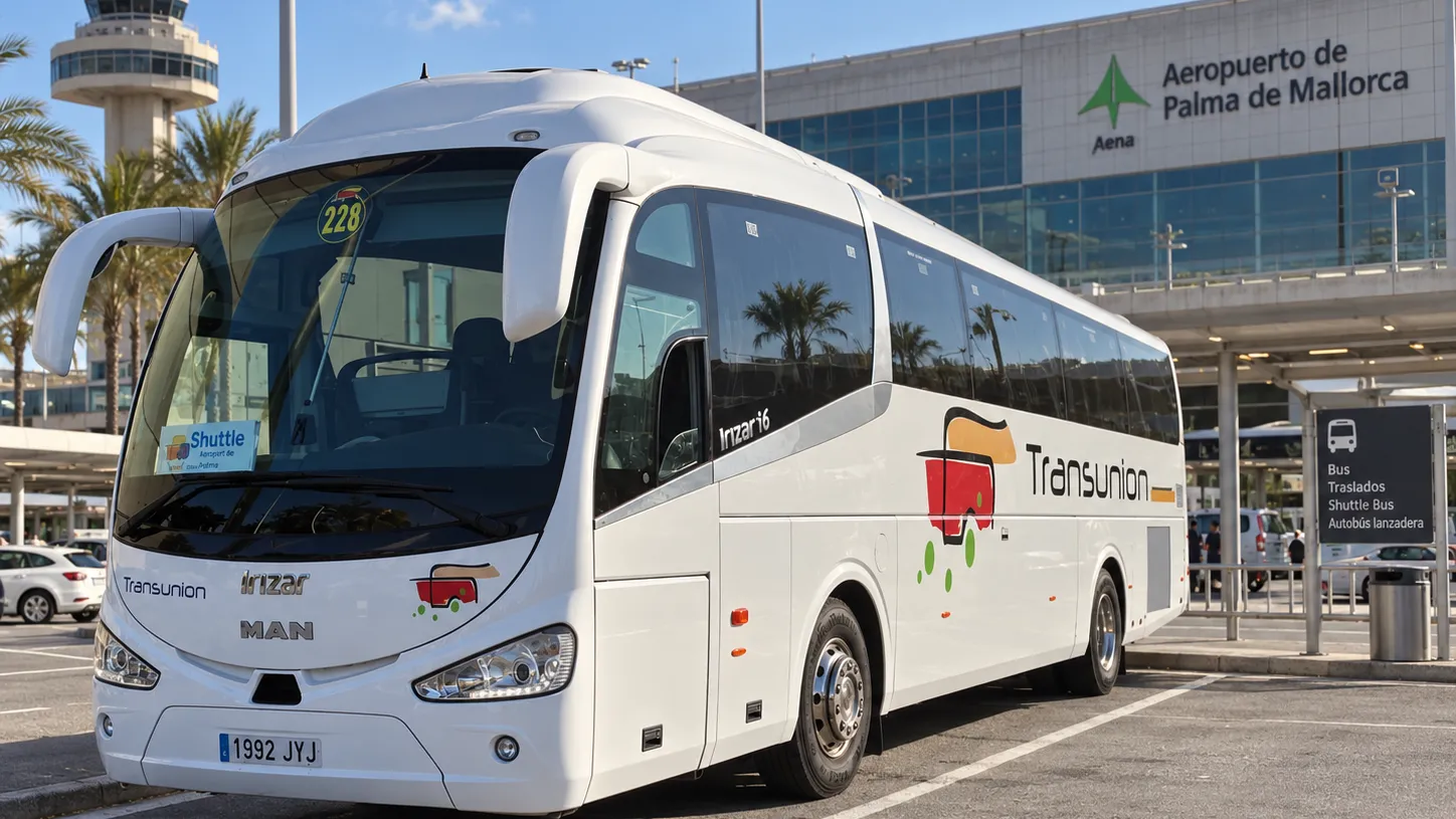 Autobús de Shuttle Transunion en la terminal del aeropuerto de Palma de Mallorca